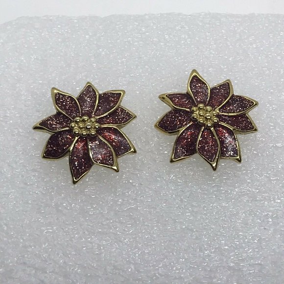 Unbranded Jewelry - Glitter Gold Tone Red Enamel Floral Poinsettia Flower Post Earrings